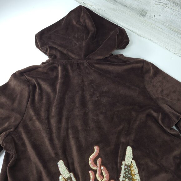 BCBG MAXAZRIA BROWN VELVET VELOUR EMBROIDERED HOODED SWEATER WOMEN'S SIZE LARGE - Picture 11 of 16